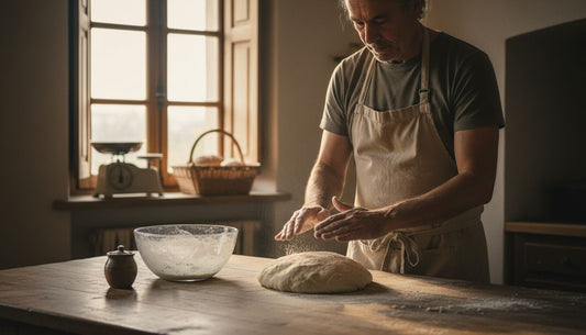 Baker prepping sourdough in rustic kitchen