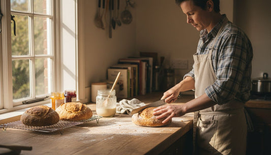 Baker slicing rustic sourdough in home kitchen