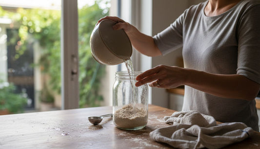 Woman activating sourdough starter at kitchen counter