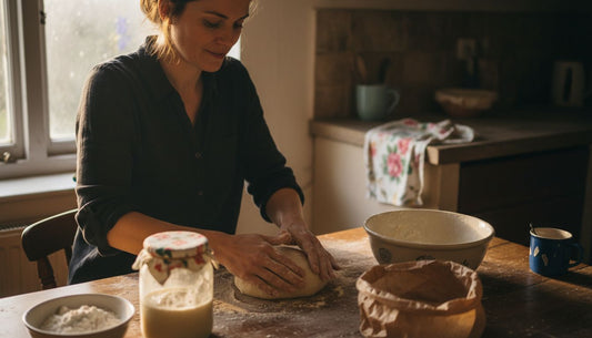 Preparing dough in bright rustic kitchen