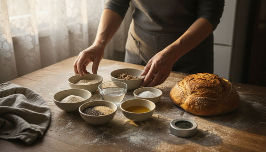 Baker arranging ingredients for homemade sourdough bread
