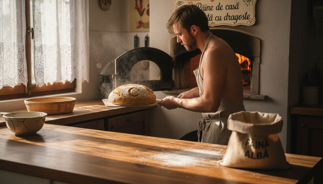 Brutarul scoate din cuptor o pâine cu maia, rumenă și cu coajă crocantă.