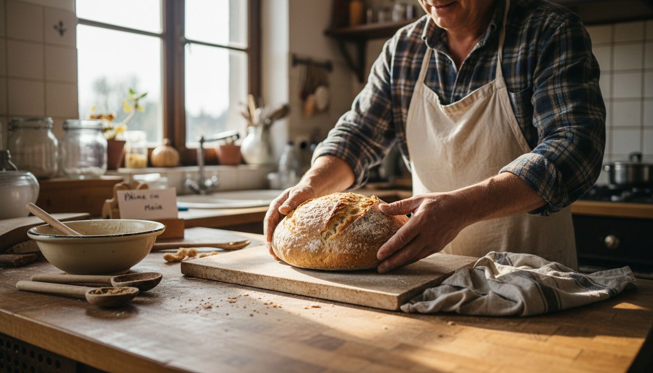 Brutarul scoate din cuptor o pâine cu maia, aburindă, în bucătăria sa rustică.