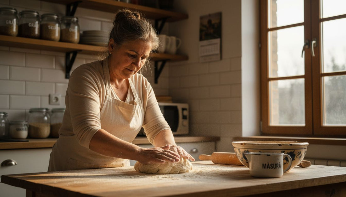 Un pasionat al pâinii frământă aluat de maia pe blatul din lemn al bucătăriei, pregătind cu răbdare o pâine gustoasă de casă.