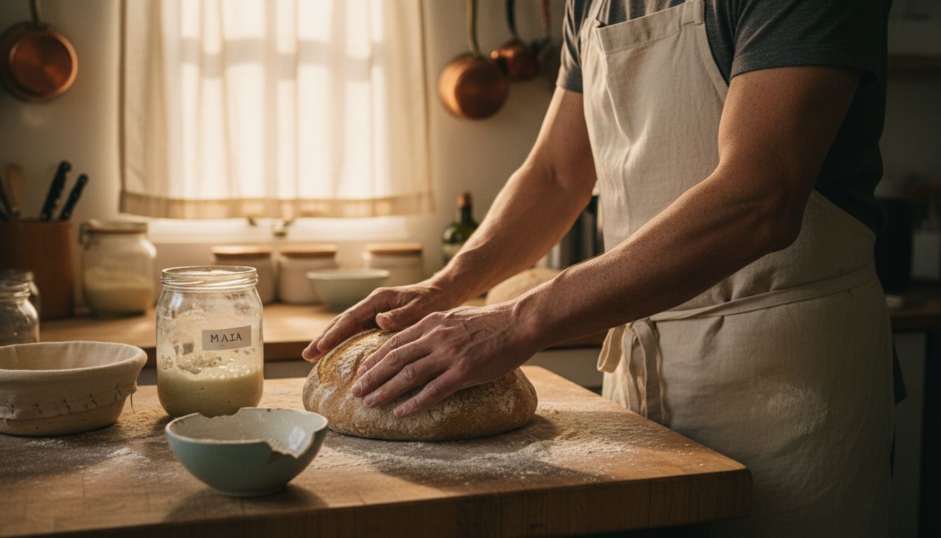 Brutarul frământă aluatul pentru pâinea cu maia, pregătindu-l cu grijă în bucătărie.