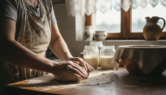 O femeie frământă aluat de maia în bucătăria ei de acasă.