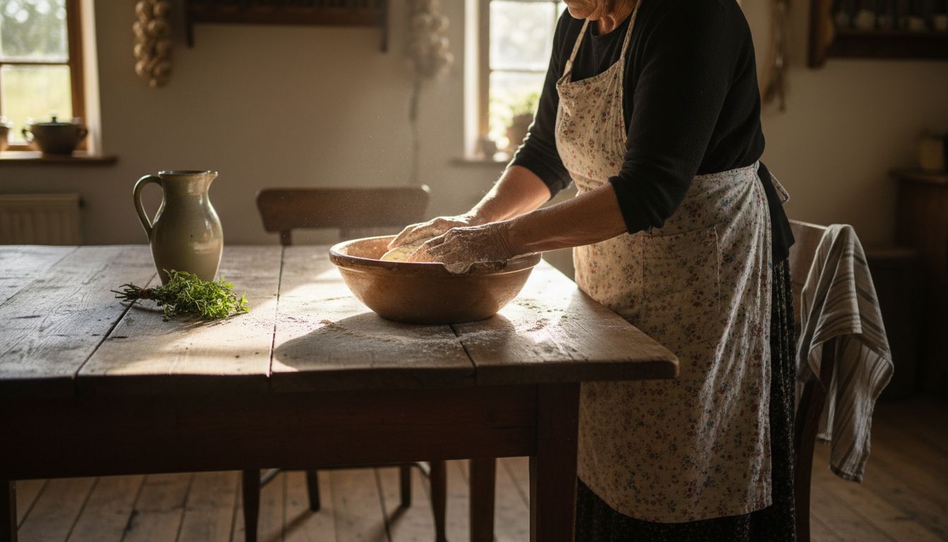 O bătrână frământă aluat de pâine cu maia într-o bucătărie tradițională, cu miros de lemn și arome de copilărie.