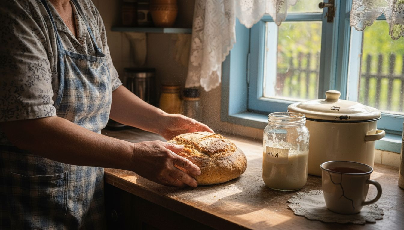 Femeie din România pregătind pâine cu maia, după rețeta tradițională