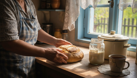 Femeie din România pregătind pâine cu maia, după rețeta tradițională