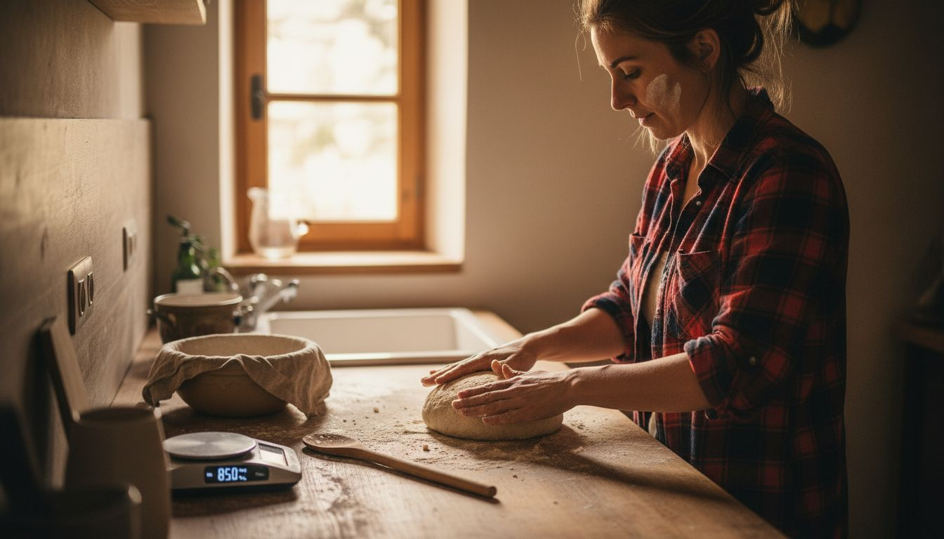 O femeie modelează aluatul de pâine cu maia, în bucătăria ei rustică de acasă.