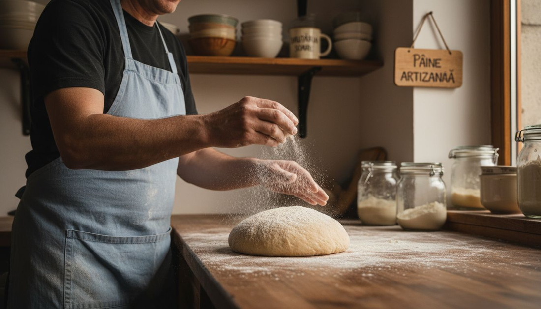 Brutarul modelează aluatul de maia pe un blat presărat cu făină.