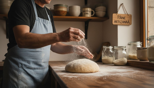 Brutarul modelează aluatul de maia pe un blat presărat cu făină.