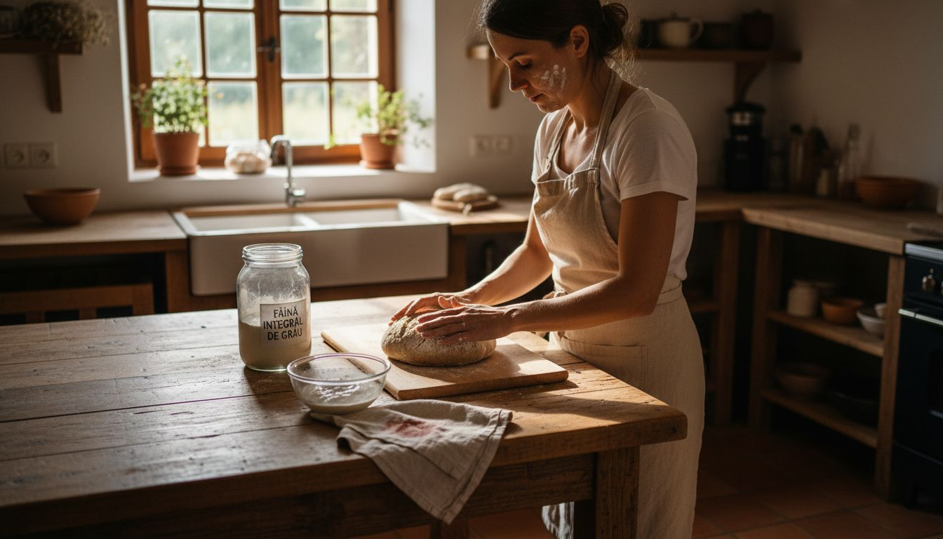 Un pasionat de brutărie pregătește cu grijă o pâine cu maia proaspăt dospită, modelând aluatul înainte de coacere.