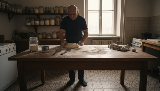 Un bărbat modelează cu grijă aluatul de pâine cu maia, pregătindu-l pentru coacere.