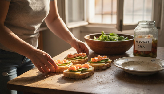 Pâine cu maia servită alături de brânză, somon și avocado – o combinație rafinată, perfectă pentru un mic dejun sănătos sau o gustare deosebită.