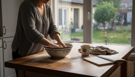 O gospodină frământă acasă pâine cu maia, așa cum făceau odinioară bunicile noastre.
