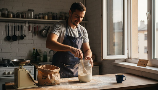 Un brutar pregătește maiaua pentru pâine în propria bucătărie de acasă.