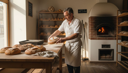 Brutarul scoate o pâine aburindă, cu coajă crocantă, direct din cuptor.
