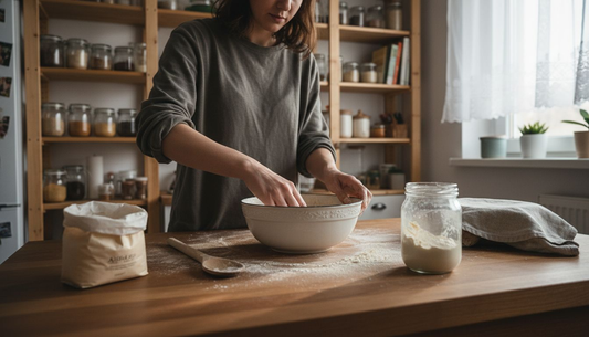 O femeie pregătește un aluat de maia fără gluten în bucătăria ei.