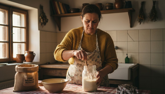 O femeie amestecă maiaua în bucătăria ei de acasă, pregătindu-se să coacă pâine proaspătă.